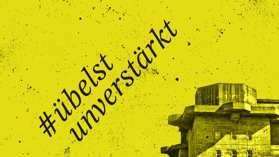Hamburger Feldstraßenbunker in schwarz/weiß vor gelbem Hintergrund mit Sprenkeln und Aufschrift © NDR 