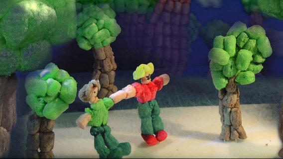 Trickfilm-Figuren halten Händchen © Screenshot Film der Konrad Agahd Schule 