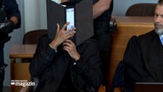 Ein Angeklagter sitzt auf einer Anklagebank in einem Saal des Kieler Landgerichts und hält einen Aktenordner vor seinem Gesicht. © NDR 