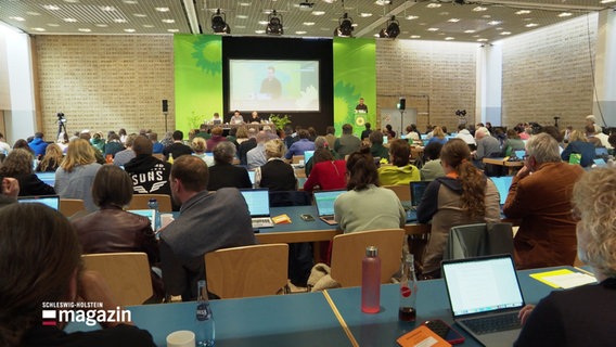 Delegierte hören beim Landesparteitag der Grünen in Neumünster einem Redner zu. © Screenshot 