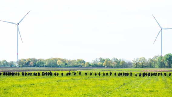 Bundeswehrsoldaten suchen mit einer Menschenkette auf einem Feld nach dem vermissten Arian aus Bremervörde. © Daniel Bockwoldt/dpa Foto: Daniel Bockwoldt/dpa