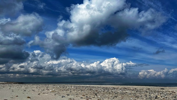 Ein Himmel voller Wolken über dem Strand des Naturschutzgebietes Bottsand mit Blick auf die Förde. © Werner Suthe Foto: Werner Suthe