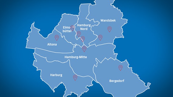 Karte der neun Hamburger Pflegestützpunkte in den einzelnen Bezirken. © NDR 