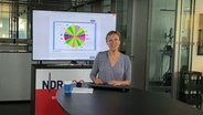 Regina Kramer, Musikredakteurin bei NDR 90,3, steht an einem Tisch vor einem Bildschirm, auf dem eine Musikuhr zu sehen ist. © NDR 