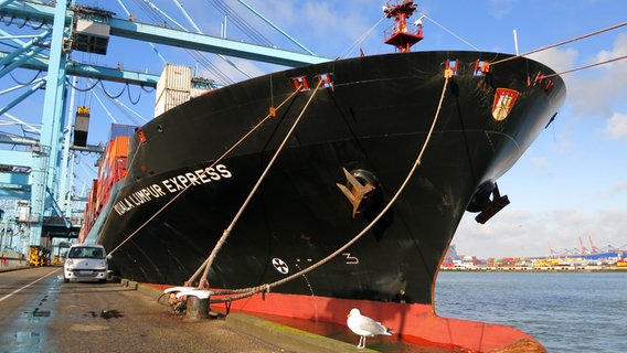 Das Ausbildungs-Containerschiff Kuala Lumpur Express im Hafen von Rotterdam © NDR Foto: Petra Volquardsen
