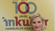 Eine Frau vor dem Plakat mit der Aufschrift 100 Jahre Inkultur Hamburger Volksbühne © (c) inkultur Foto: (c) inkultur