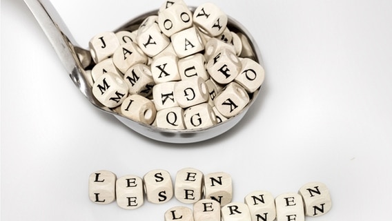 Viele kleine Würfel mit Buchstaben auf einem Löffel. Darunter sind die Wörter Lesen Lernen gelegt. © fotolia.com Foto: Denis Junker