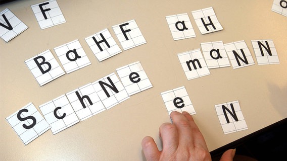 Große Buchstaben auf Zetteln werden von einer Hand zu Wörtern gelegt. © imago Foto: Marco Stepniak