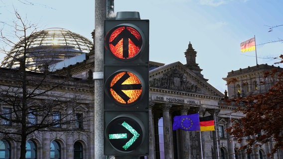 Deutscher Bundestag mit Ampel und Pfeilen in unterschiedliche Richtungen (Fotomontage) © Flashpic Foto: Jens Krick