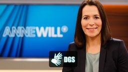 Sendungsbild von Anne Will mit dem DGS Logo. (© NDR/Wolfgang Borrs) © NDR Foto: Wolfgang Borrs