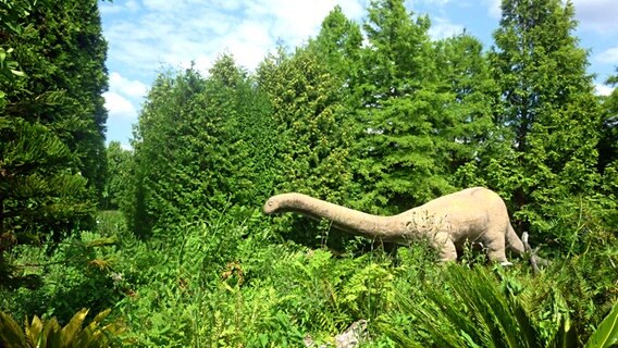 Ein nachgebildeter Dinosaurier steht in einer Parklandschaft mit Bäumen und vielen Pflanzen. © Petra Volquardsen Foto: Petra Volquardsen