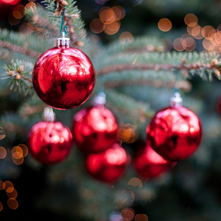 Rote Weihnachtsbaumkugeln hängen an einem Tannenbaum © photocase.de Foto: picturebuilder