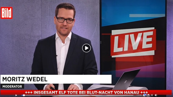 "Bild" berichtete mit einem Livestream bei Facebook und auf der eigenen Website über die Morde von Hanau. © Bild Foto: Screenshot
