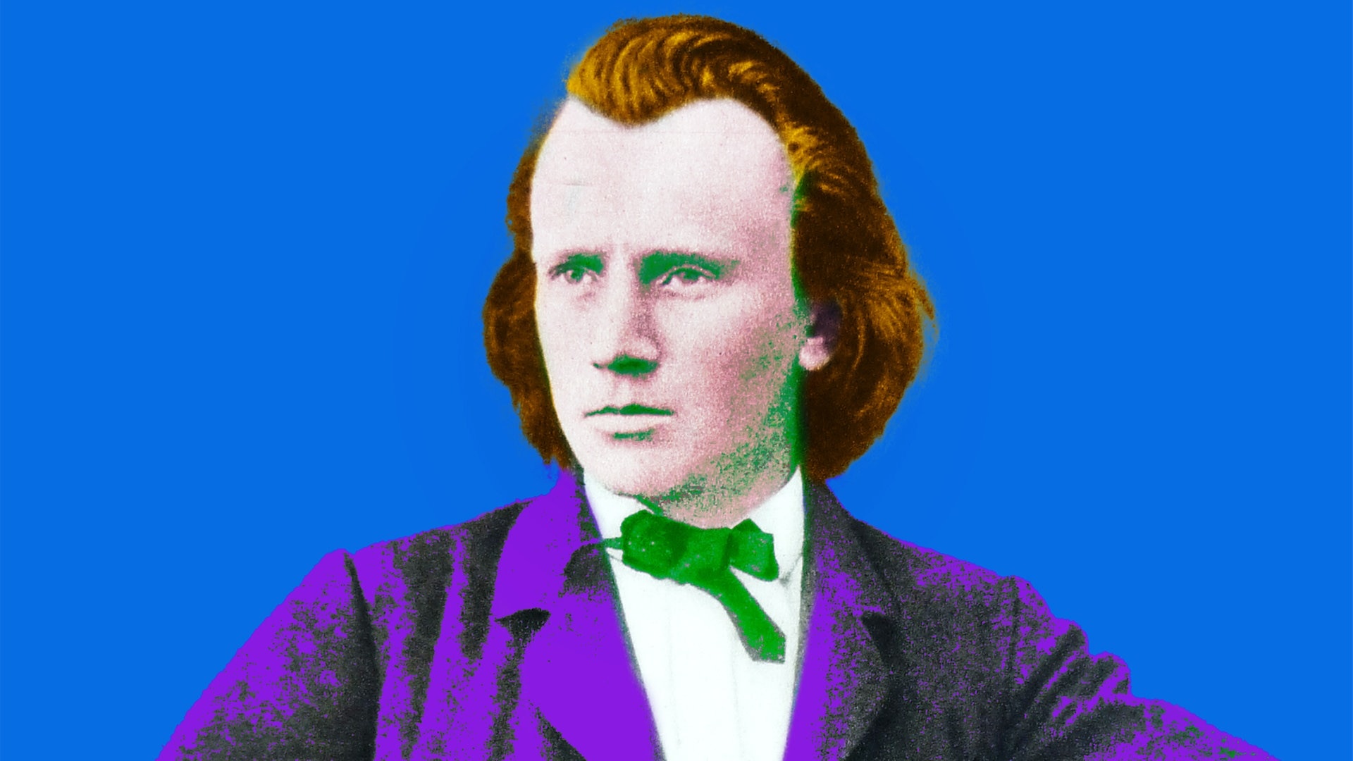 Johannes Brahms im Stile der Pop Art verfremdet (Montage) © Johannes Brahms, Public domain, via Wikimedia Commons 