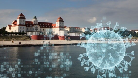 Binz auf Rügen mit einer Projektion des Coronavirus (Montage) © picture alliance / Eibner-Pressefoto, PantherMedia Foto: Augst, Aleksandar Ilic