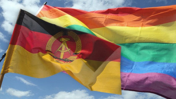 Flagge der Deutschen Demokratischen Republik vor einer Regenbogenfahne. © Picture Alliance Foto: Wolfgang Kumm, Andrea Warnecke