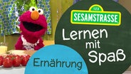 Elmo steht in der Küche und trägt ein Lätzchen mit seinem Namen, neben ihm, auf einem Schild, steht: "Sesamstraße: Lernen mit Spaß - Ernährung". © NDR 