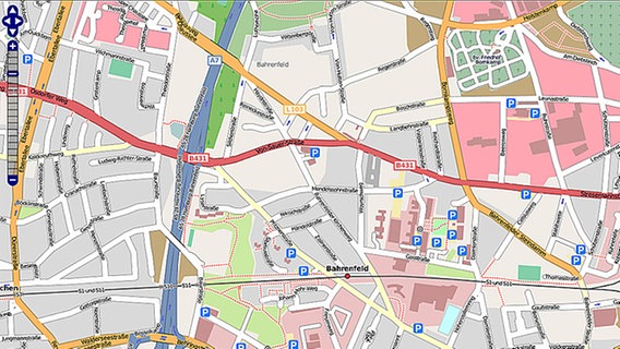 Der Hamburger Stadtteil Bahrenfeld dargestellt auf einer Karte von Open Street Map. © Open Street Map, http://creativecommons.org/licenses/by-sa/2.0/ 