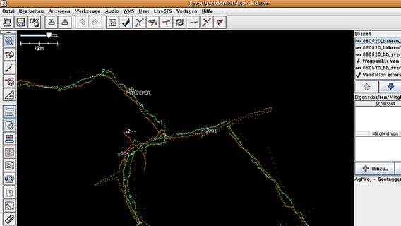Die GPS-Daten werden in das Programm "JOSM" geladen und bearbeitet. © Open Street Map, http://creativecommons.org/licenses/by-sa/2.0/ 