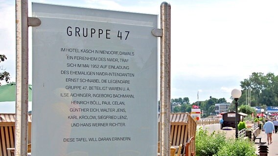 Eine Hinweistafel steht an einer Strandpromenade © NDR Foto: Heiner Herde