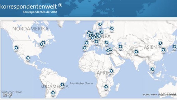 Zu sehen ist eine Weltkarte mit dem Korrespondenten-Netz der ARD.  