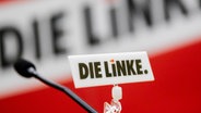 Ein Mikro vor dem Schriftzug der Linken © Christoph Soeder/dpa Foto: Christoph Soeder