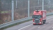 Ein Hybrid-Lkw mit einem Stromabnehmer fährt auf der Autobahn A1 zwischen Lübeck und Reinfeld. © picture alliance/Daniel Bockwoldt/dpa 