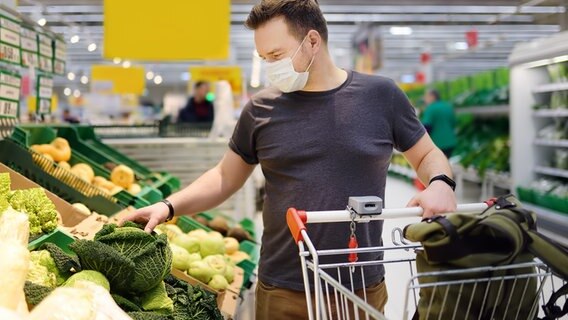 Ein Mann mit Mundschutz kauft in einem Supermarkt Gemüse ein. © Colourbox Foto: -