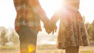 Ein junges Paar hält sich auf einer Wiese in sommerlichem Gegenlicht die Hände © COLOURBOX Foto: Kelsheva Nataliia
