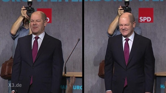 Zwei Bilder von Olaf Scholz nebeneinander auf denen er Grimassen schneidet.  