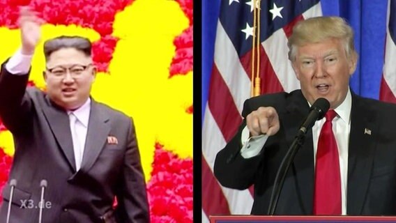 Links winkt Kim Jong un, rechts zeigt Donald Trump mit dem Zeigefinger in die Kamera.  