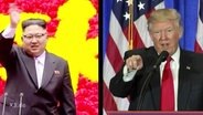 Links winkt Kim Jong un, rechts zeigt Donald Trump mit dem Zeigefinger in die Kamera.  