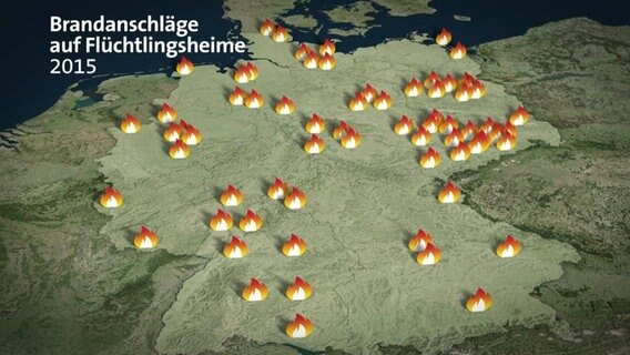 Eine virtuelle Deutschlandkarte zum Thema Brandanschläge auf Flüchtlingsheime 2015.  