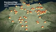 Eine virtuelle Deutschlandkarte zum Thema Brandanschläge auf Flüchtlingsheime 2015.  