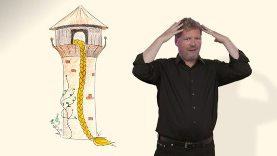 Ein Mann gebärdet, links von ihm ein Turm, aus dem ein langer Haarzopf hängt.  