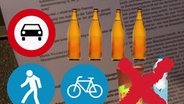 Eine Anordnung von Schildern die das Verkaufsverbot von Alkohol an bayrischen Tankstellen karikiert.  
