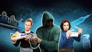 Collage: Zwei Frauen halten gefälschte Produkte in der Hand. Im Vordergrund steht ein Mann mit Kaputze und Händen voller Geldscheine. © NDR / picture alliance / Bildagentur-online/Blend Images | Blend Images/Kirk Marsh 