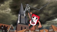 Fotomontage: Eine Figur mit einem Hamburg-Wappen als Körper setzt einen Blitzableiter auf die Kirche St. Jacobi  