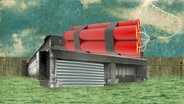 Montage: Bunker mit Dynamit auf dem Dach.  