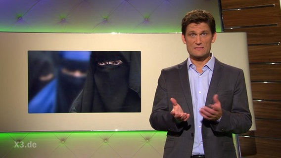 Christian Ehring vor dem Bild einer Frau mit Burka.  