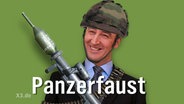 Cem Özdemir auf einem Bild mit Bundeswehrhelm und Panzerfaust in der Hand.  