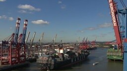 Ein Containerschiff im Hamburger Hafen. 