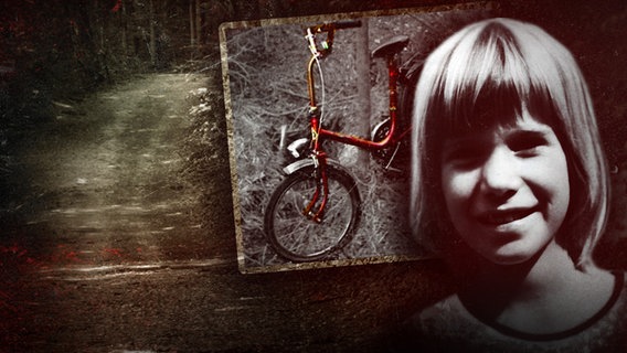 Collage dreier Bilder, leicht verfremdet in monochromen Braun- und Grautönen: Porträt des entführten Mädchens, Fotos ihres Fahrrads und als Hintergrund ein Waldweg. © SWR 