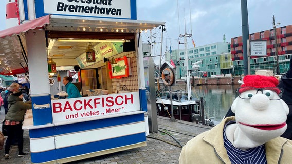 De Noorden op Platt: Eine Handpuppe (Werner Momsen) steht im Hafen von Bremerhaven vor einer Fischbude. © NDR/Detlef Wutschik Foto: Detlef Wutschik