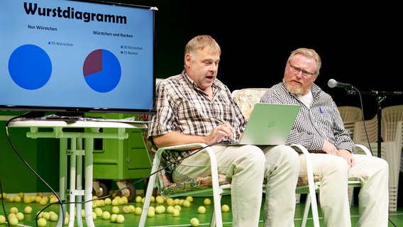 Matthias Scholz (Oskar Ketelhut, l.) und Dr. Heribert Bräsemann (Konstantin Graudus, r.) leiten den Tennisclub. Matthias Scholz (Oskar Ketelhut, l.) und Dr. Heribert Bräsemann (Konstantin Graudus, r.) leiten den Tennisclub. © NDR/Ohnsorg-Theater/Oliver Fantitsch