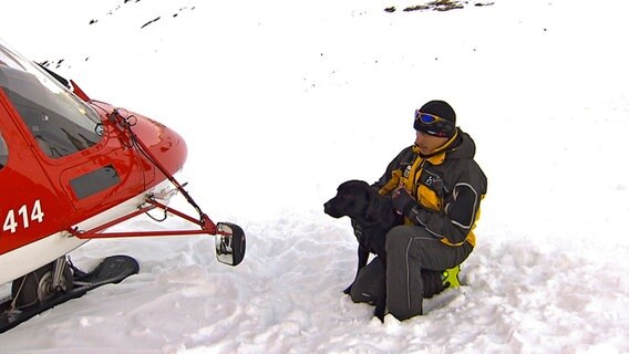Hochleistungseinsatz in den Schweizer Alpen: Die beiden einjährigen Lawinenhunde Cami und Spike lernen heute in einen Helikopter einzusteigen und mit ihm zum Einsatzort zu fliegen. Der Lärm und der aufgewirbelte Schnee ist für die beiden Rettungshunde aber noch ziemlich ungewohnt und bringt sie an ihre Grenzen. © NDR/5ǀ14 FILM 