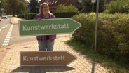 Frau hält zwei Wegweisschilder in die Höhe mit der Aufschrift "Kunstwerkstatt". Eins ist braun und eins ist grün.  