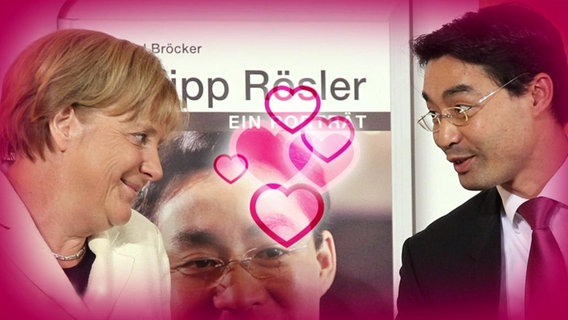 Merkel und Rösler verbinden in kleine rosa Herzchengrafiken  