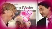 Merkel und Rösler verbinden in kleine rosa Herzchengrafiken  