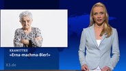 Eine Nachrichtensprecherin neben dem Bild einer grimmig schauenden Oma.  
